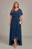 Navy A-Line V-Neck Plus Size Chiffon Mother of the Bride Dress with Ruffles