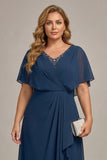 Navy A-Line V-Neck Plus Size Chiffon Mother of the Bride Dress with Ruffles