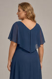 Navy A-Line V-Neck Plus Size Chiffon Mother of the Bride Dress with Ruffles
