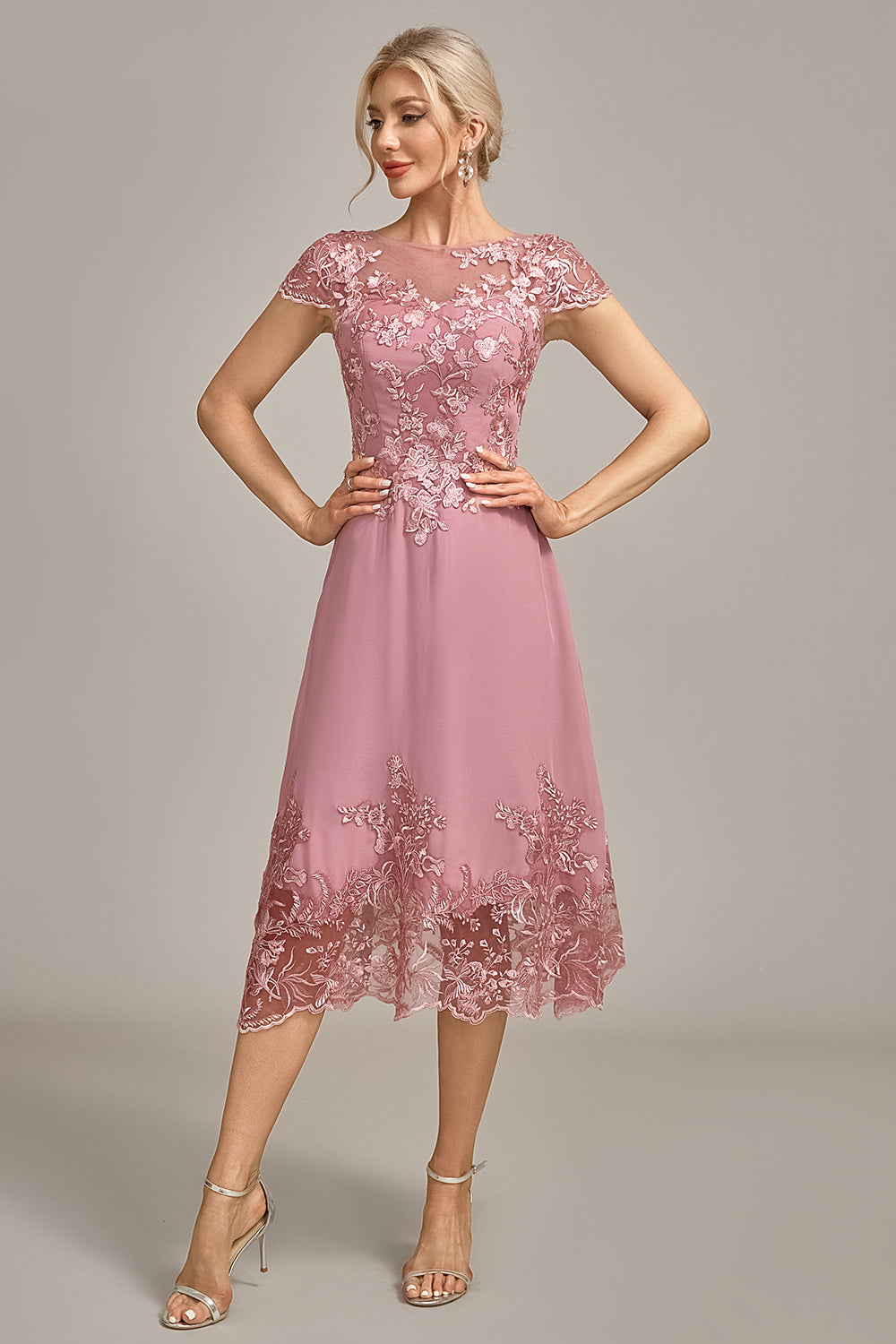 Zapaka Women Dusty Rose Formal Dress A-Line Tea-Length Mother of The Bride Dress with Sequins, Dusty Rose / US2 Zapaka Women Dusty Rose Formal Dress A-Line Tea-Length Mother of The Bride Dress with Sequins, Dusty Rose / US2