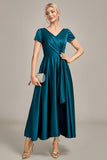 Peacock Green Satin V-neck A-line Pleated Mother of the Bride Dress