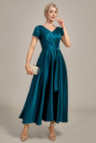Peacock Green Satin V-neck A-line Pleated Mother of the Bride Dress
