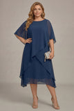 Navy Plus Size Chiffon A-Line Boat Neck Midi Mother of the Bride Dress