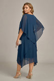 Navy Plus Size Chiffon A-Line Boat Neck Midi Mother of the Bride Dress