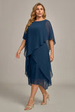 Navy Plus Size Chiffon A-Line Boat Neck Midi Mother of the Bride Dress