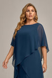 Navy Plus Size Chiffon A-Line Boat Neck Midi Mother of the Bride Dress