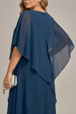 Navy Plus Size Chiffon A-Line Boat Neck Midi Mother of the Bride Dress