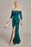 Dark Green Mermaid Off The Shoulder Cascading Ruffled Mother Of The Bride Dress