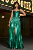 Sparkly A-line Dark Green Corset Prom Dress with Slit