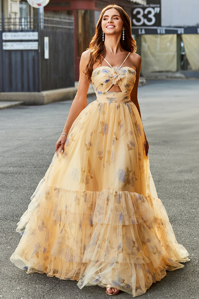 Yellow A Line Halter Tiered Short Tulle Homecoming Dress