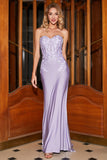 Lilac Sheath Strapless Corset Long Prom Dresses With Lace Appliques