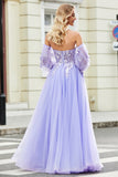 Lavender A-Line Strapless Tulle Long Prom Dress with Sleeves