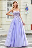 Lavender A-Line Strapless Tulle Long Prom Dress with Sleeves