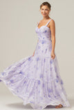 Lilac Corset Floral A-Line Long Prom Dress