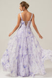 Lilac Corset Floral A-Line Long Prom Dress