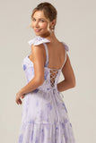 Lilac Corset Floral Print A-Line Long Bridesmaid Dress