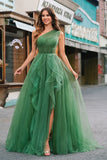 Dark Green Tulle A-Line One-Shoulder Long Prom Dress