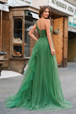 Dark Green Tulle A-Line One-Shoulder Long Prom Dress