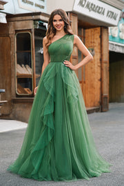 Dark Green Tulle A-Line One-Shoulder Long Prom Dress with Slit