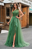 Dark Green Tulle A-Line One-Shoulder Long Prom Dress with Slit