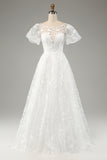 Ivory A-Line Puff Sleeves Wedding Dress with Appliques