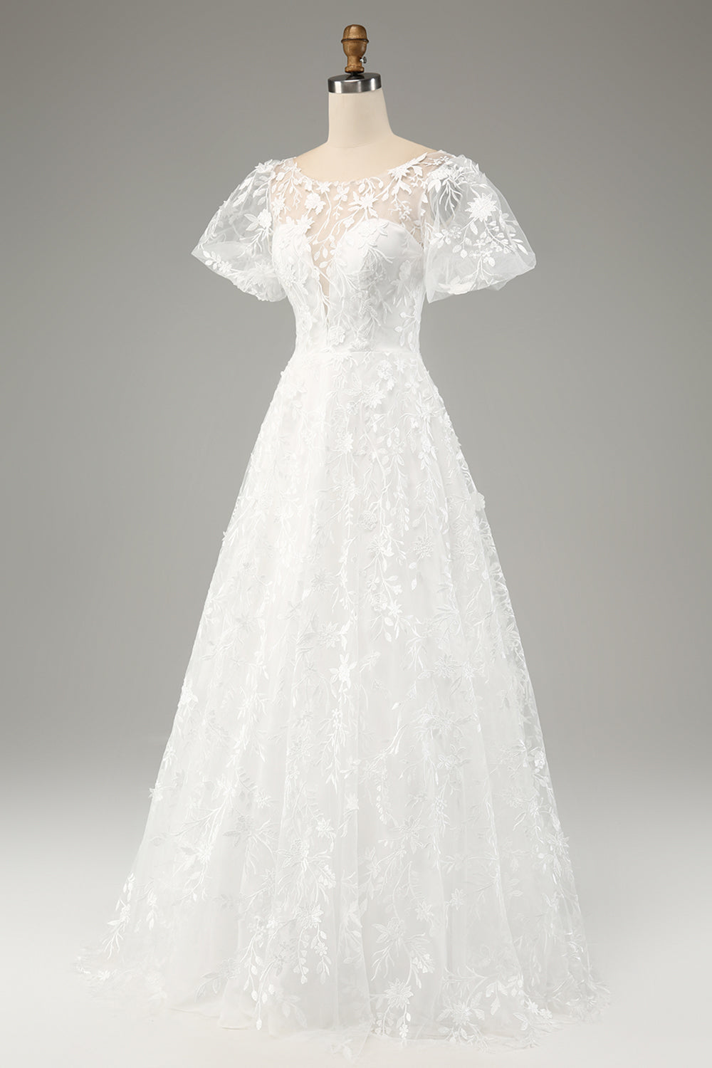 Zapaka Women Ivory A-Line Puff Sleeves Wedding Dress with Appliques ZAPAKA Zapaka Women Ivory A-Line Puff Sleeves Wedding Dress with Appliques ZAPAKA