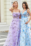 Gorgeous A Line Spaghetti Straps Lilac Long Prom Dress with 3D Flowers