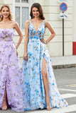 Sky Blue Spaghetti Straps A Line Long Prom Dress with 3D Flowers