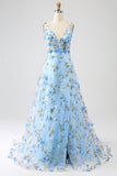 Gorgeous Sky Blue A Line Spaghetti Straps Long Prom Dress with 3D Flowers