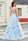 Sky Blue Spaghetti Straps A Line Long Prom Dress with 3D Flowers