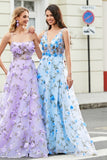 Sky Blue Spaghetti Straps A Line Long Prom Dress with 3D Flowers