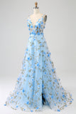 Gorgeous Sky Blue A Line Spaghetti Straps Long Prom Dress with 3D Flowers
