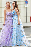 Sky Blue Spaghetti Straps A Line Long Prom Dress with 3D Flowers