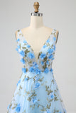 Gorgeous Sky Blue A Line Spaghetti Straps Long Prom Dress with 3D Flowers