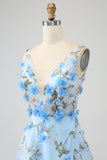 Gorgeous Sky Blue A Line Spaghetti Straps Long Prom Dress with 3D Flowers