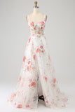 Ivory Flower A Line Sweetheart Embroidered Corset Long Wedding Dress with Slit