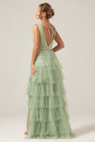 Green Tiered A Line V-Neck Tulle Long Prom Dress with Slit