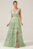 Green Tiered A Line V-Neck Tulle Long Prom Dress with Slit