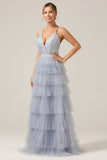 Grey Blue A Line Tiered Tulle Prom Dress