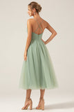 A-Line Tea-Length Corset Tulle Matcha Bridesmaid Dress