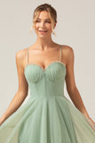 A-Line Tea-Length Corset Tulle Matcha Bridesmaid Dress