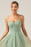 Matcha A-Line Spaghetti Straps Tea-Length Corset Tulle Bridesmaid Dress