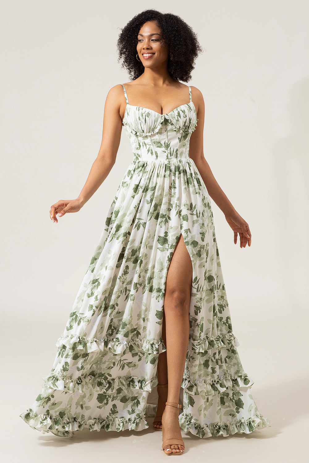 maxi dresses with spaghetti straps ZAPAKA Women Green Prom Dress A-Line Spaghetti Straps Printed Pleated Long Party Dress With Slit, Green / US14