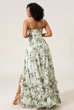 Green A-Line Spaghetti Straps Printed Pleated Long Prom Dress With Slit