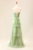 A-Line Strapless Matcha Tiered Long Bridesmaid Dress with Ruffles