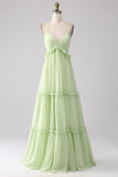 Green A Line Ruffles Long Maternity Bridesmaid Dress with Lace-up Back