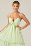 Green A Line Ruffles Long Maternity Bridesmaid Dress with Lace-up Back