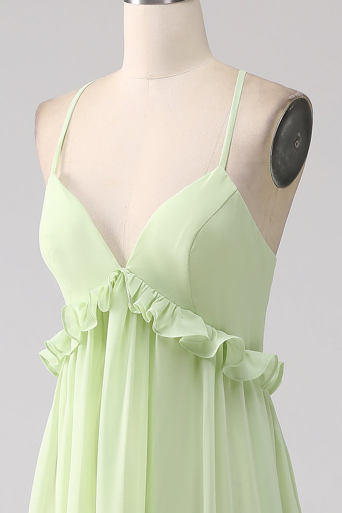 A Line Off the Shoulder Green Long Bridesmaid Dress with Ruffles