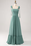 A Line Chiffon Green Long Bridesmaid Dress with Pleated