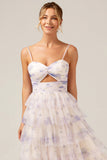 Lavender Flower Princess Spaghetti Straps Tiered Prom Dress